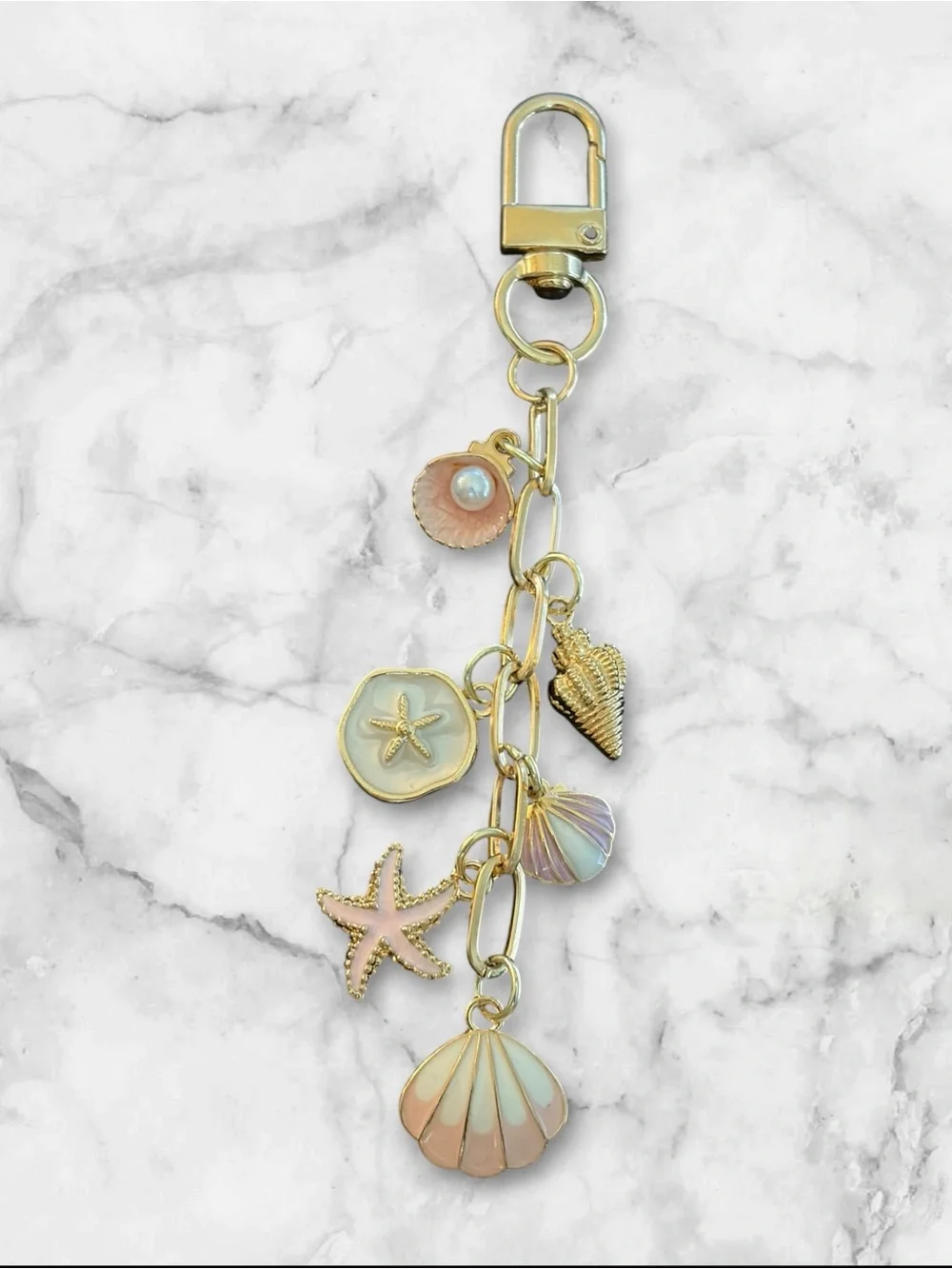 Gold Seashell Bag Charm Keychain with Pastel Shell Charms